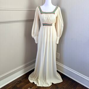 Vintage Cream Boho Maxi Dress Rainbow Trim Poet Sleeves Vtg Sz 13, Modern ~S